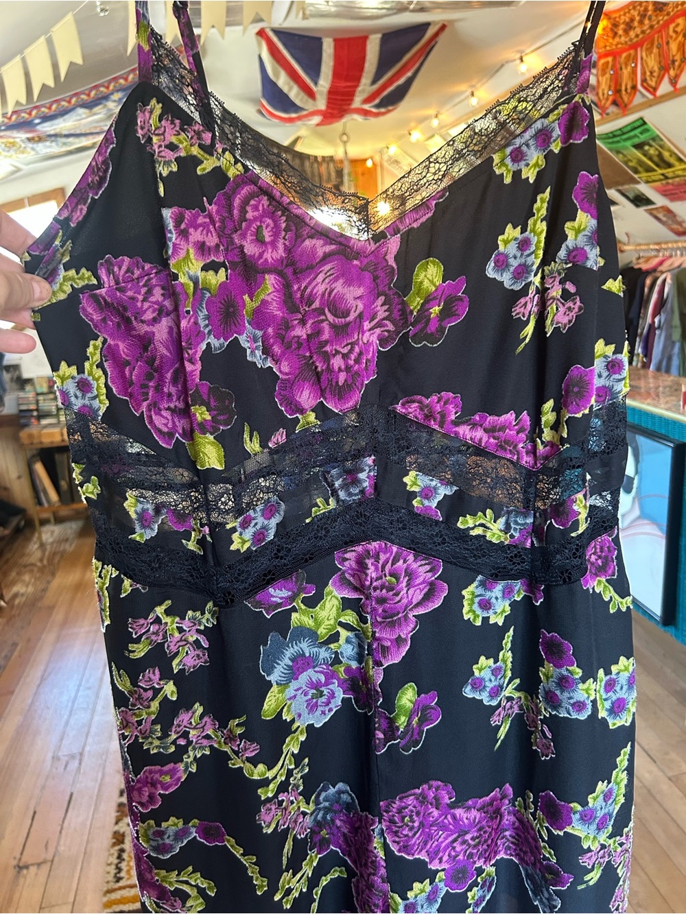 Black Floral Lace-Trim Slip Dress with Purple Bloom